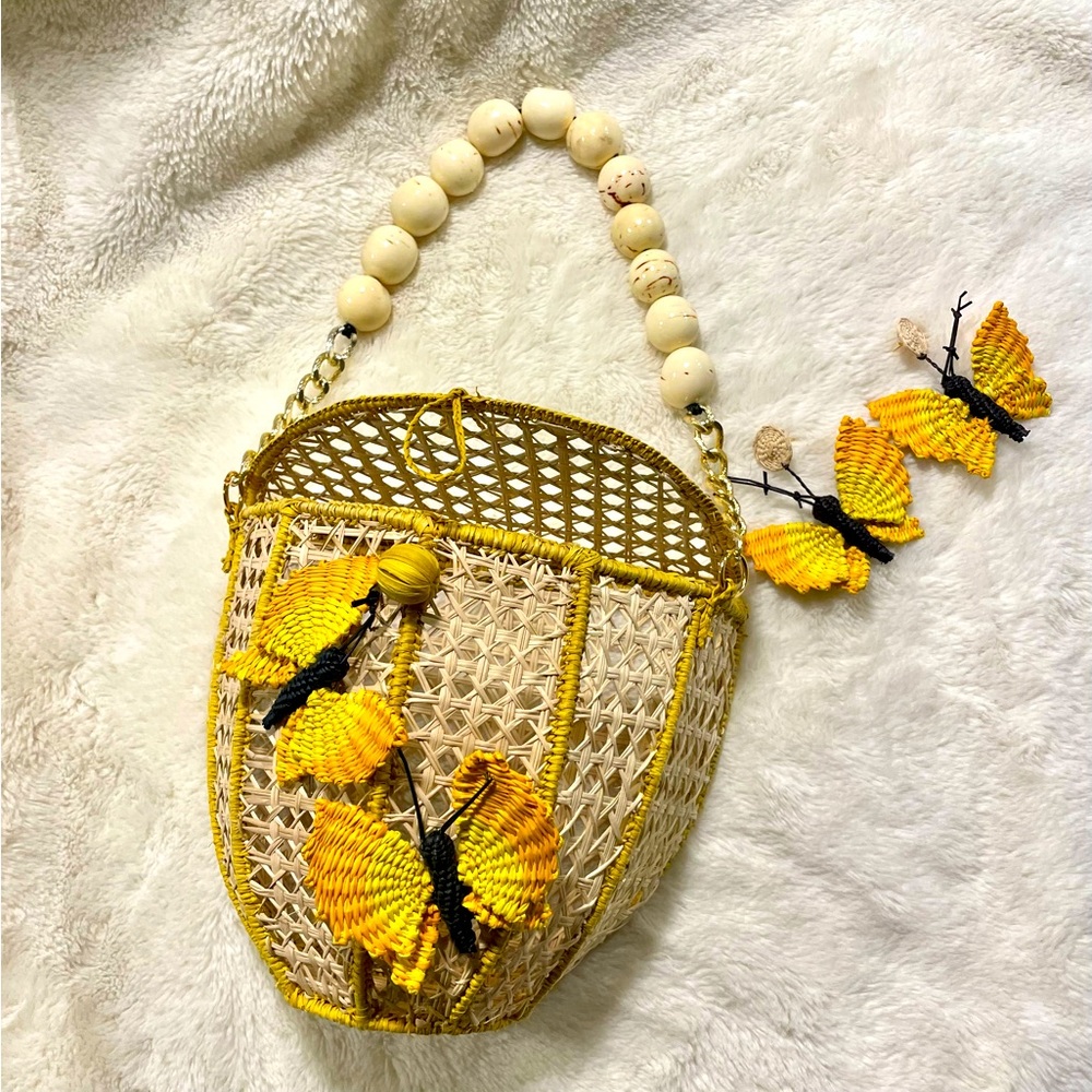 NWOT Victoria Dunn Iraca Palm bag tote yellow butterfly earring set